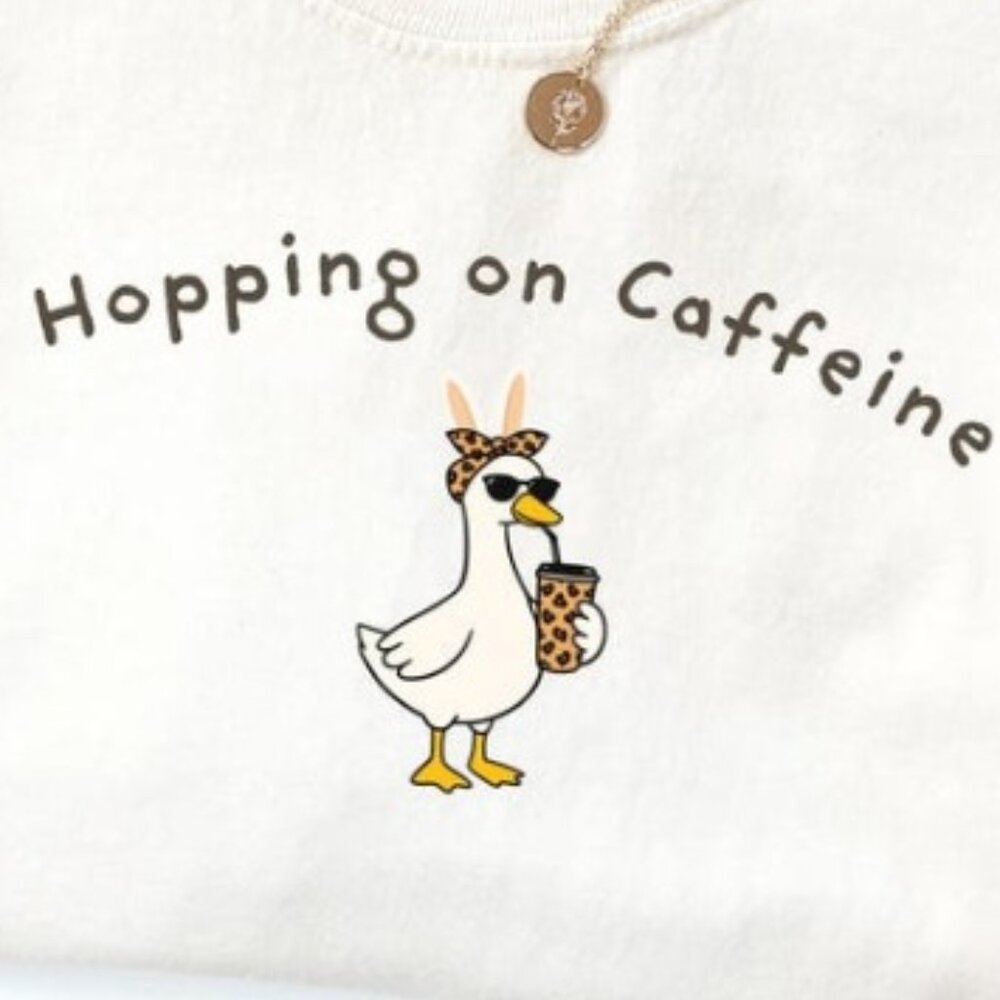 Easter Goose Shirt, Hopping on Caffeine Tee, Leopard Bunny Coffee Girl T Shirt - Picture 2 of 4